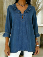 Women's V-neck 3/4 Sleeve Casual Loose Denim Top
