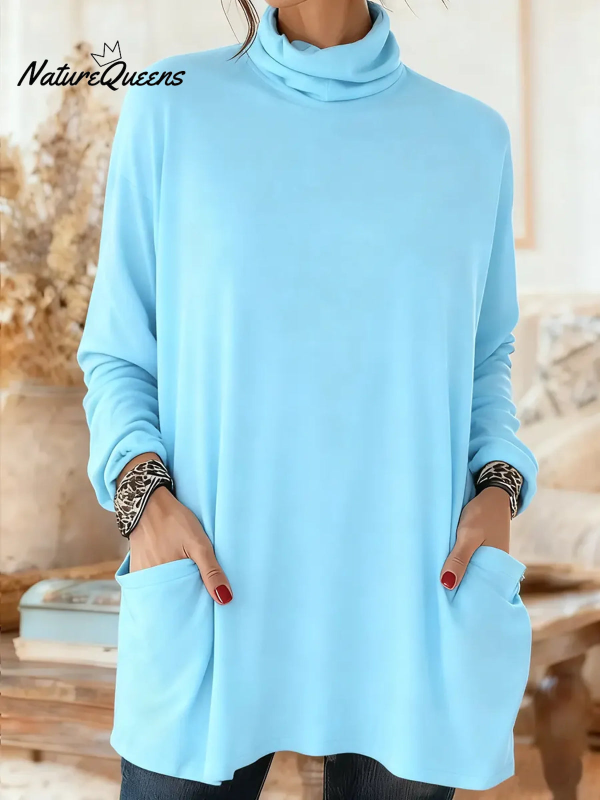 Women's Solid Color Turtleneck Long-sleeved Casual Loose Cotton Top