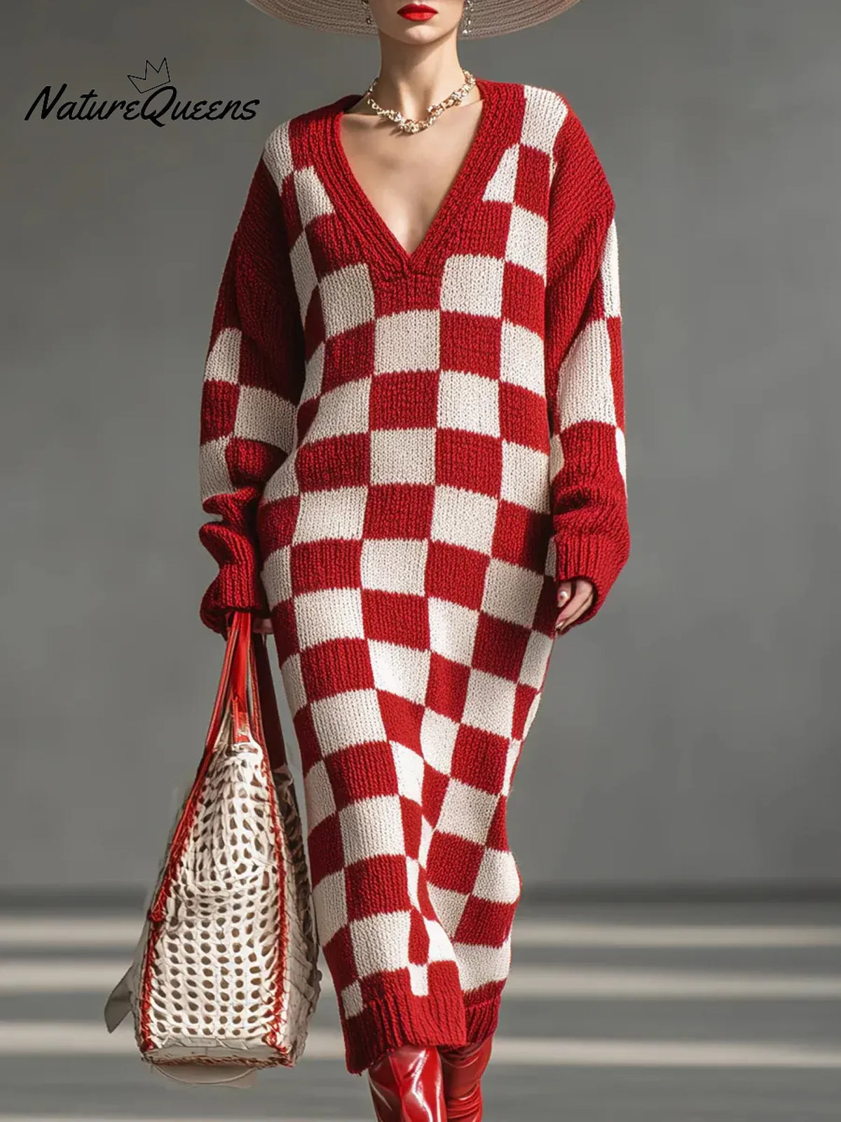 Women's Plaid Print V-neck Long-sleeved Casual Loose Knit Dress