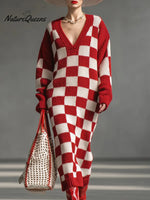 Women's Plaid Print V-neck Long-sleeved Casual Loose Knit Dress