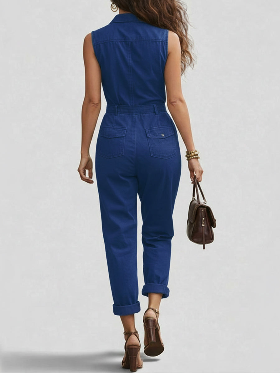 Fashionable And Casual Zippered Sleeveless Cotton Jumpsuit