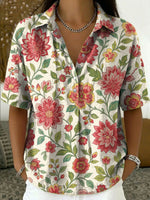 Women's Vintage Botanical Floral Casual Polo Collar Short-sleeved Linen And Cotton Shirt