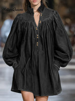 Women's Solid Color Stand-collar Long-sleeved Casual Loose-fitting Pleated Cotton Dress