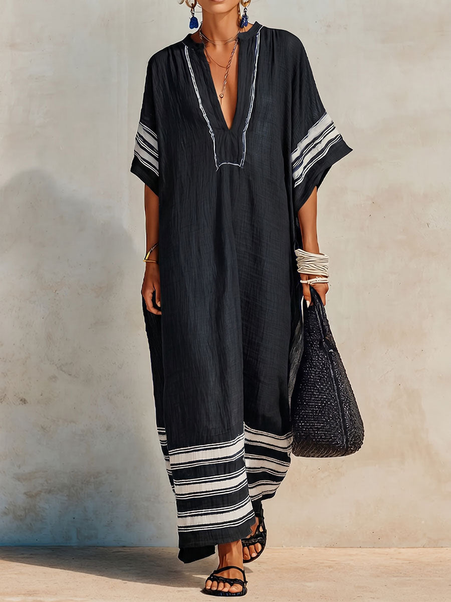 Women's V-neck 3/4-sleeve Casual Loose-fit Cotton-linen Dress