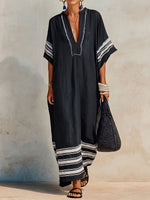 Women's V-neck 3/4-sleeve Casual Loose-fit Cotton-linen Dress