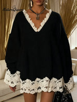 Women's V-neck Long-sleeved Casual Loose Knit Top With Color-blocked Lace Trim