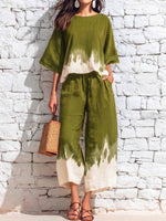 Women's Casual Loose Cotton-linen Outfit: Crew Neck 3/4-sleeve Top With Placement Print & Elastic-waist Wide-leg Pants