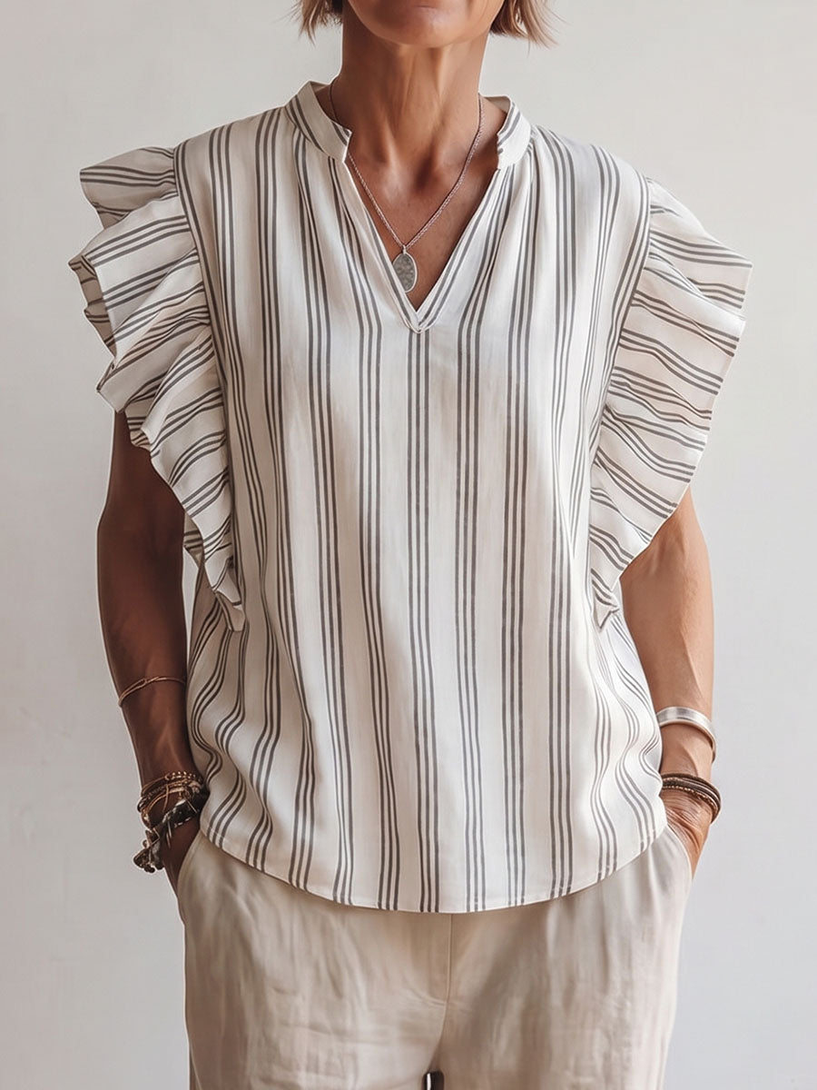 Top informal holgado de algodón y lino con cuello en V y estampado de rayas para mujer.