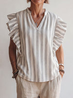 Top informal holgado de algodón y lino con cuello en V y estampado de rayas para mujer.