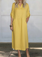 Women's Solid Color Lapel Long-sleeved Casual Loose Linen Dress