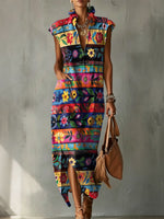 Women's Retro Floral And Horizontal Stripe Decorative Pattern No Sleeve Bud Collar Cotton Linen Dress