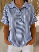 Artistic Cut Striped Cotton-linen Polo Collar Shirt Blouse