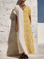 Women's Zebra-print V-neck Short-sleeve Casual Loose Cotton-linen Dress