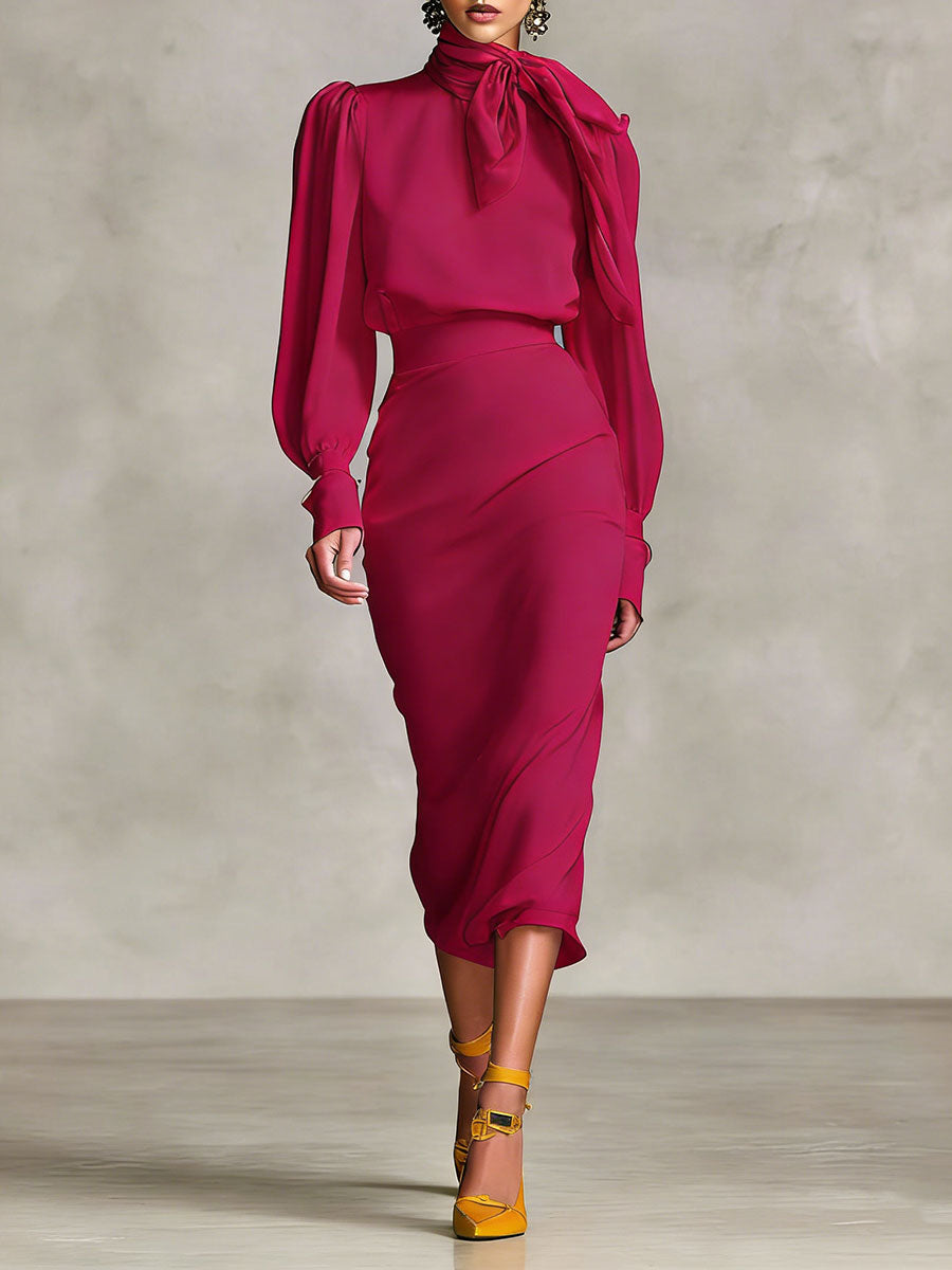 Women's Retro-style Tie-waist Long-sleeved Stand Collar Comfortable Minimalist Dress