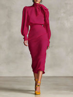 Women's Retro-style Tie-waist Long-sleeved Stand Collar Comfortable Minimalist Dress