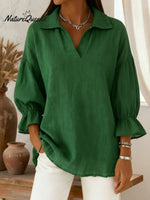 Retro Cozy Polo Collar Lantern Sleeve Linen Shirt Top