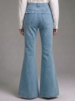 Women's Flared Denim Pants with Cutout Lace Paneling