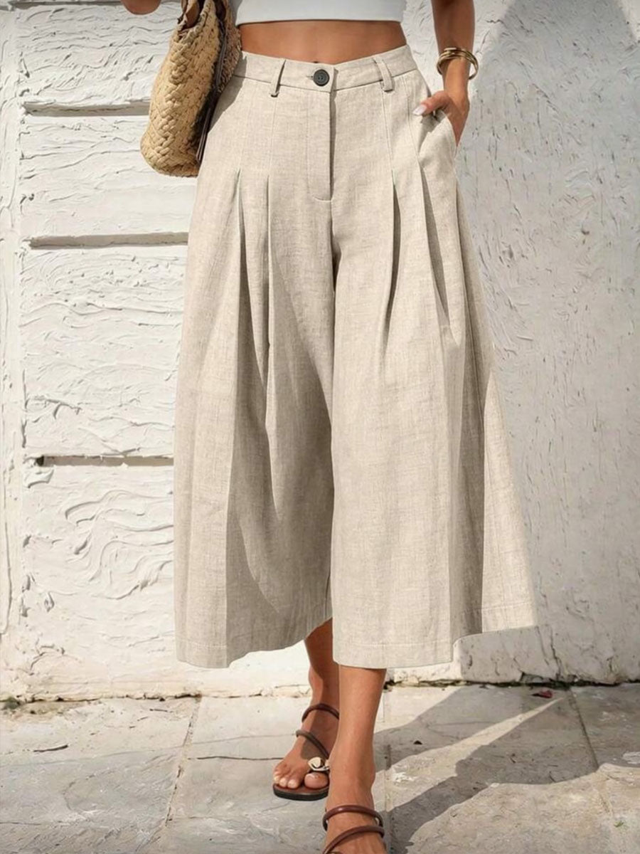 Pantalones casuales de mujer de color liso, talle alto, corte holgado, de algodón y lino, pierna ancha.