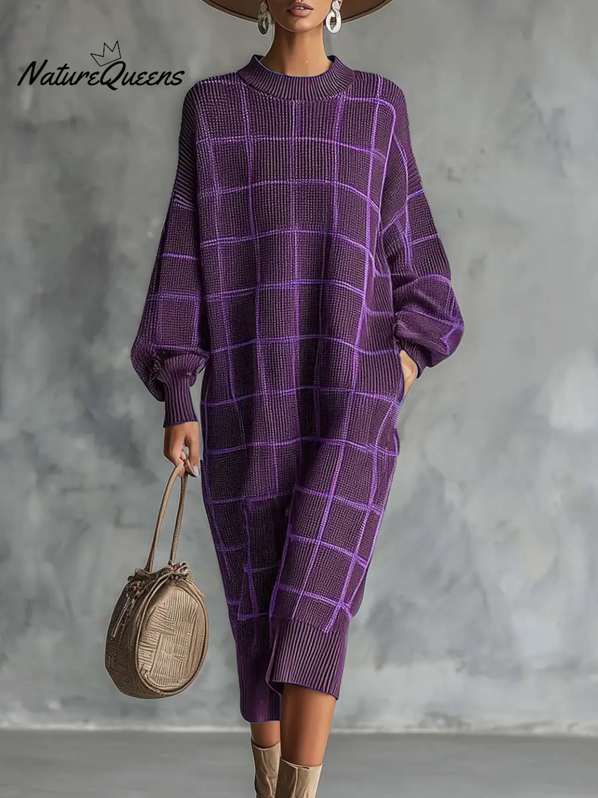 Women's Plaid Print Round Neck Long-sleeved Casual Loose Knit Dress