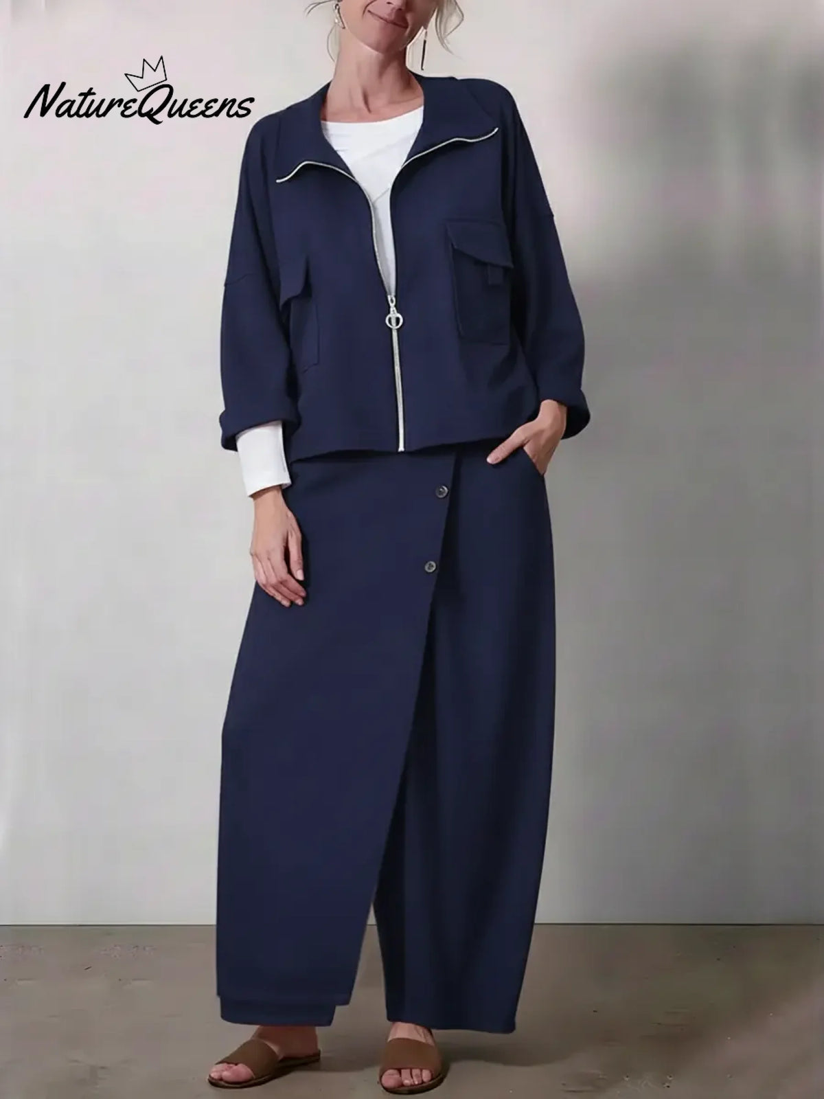 Women's Casual Zippered Cotton Jacket And Pants Two-piece Set