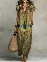 Women's Retro Peacock Pattern Art Print Casual Ruffled Stylish Cotton Linen Dress