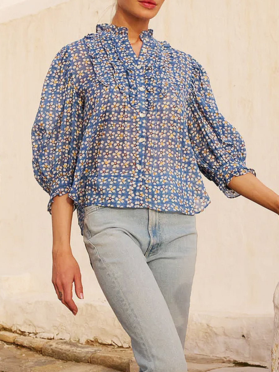Women's Floral Ruffled Art Casual Stylish Cotton Linen Shirt