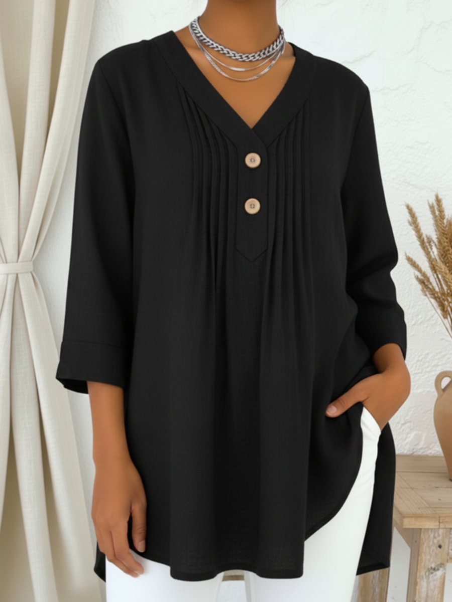 Casual V-neck Pleated Button-down Loose-fitting Linen-cotton Top