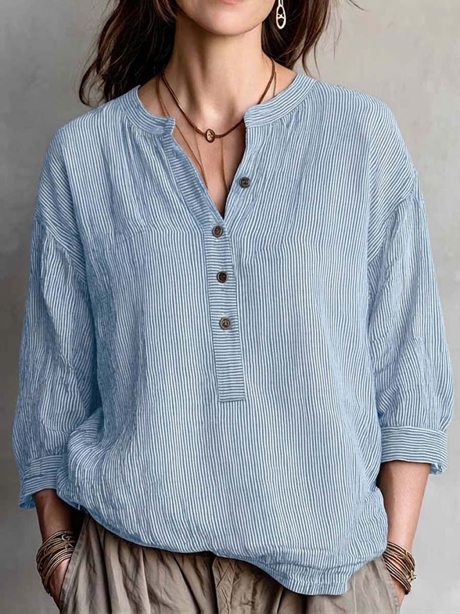 Women's Striped Print V-Neck 3/4-sleeve Casual Loose Cotton-linen Top