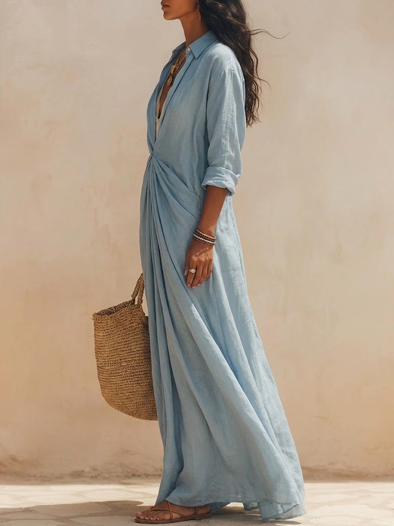 Women's Simple And Gentle Style Cotton And Linen Shirt Dress