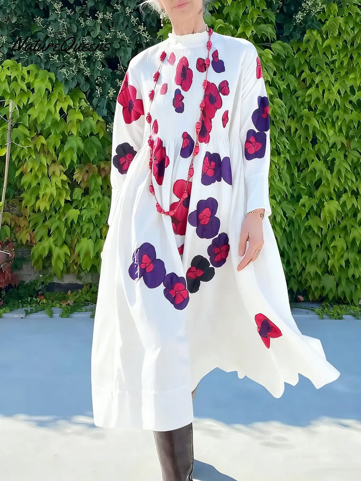 Women's Vintage-style Printed Stand-collar Long-sleeved Casual Loose Cotton Dress