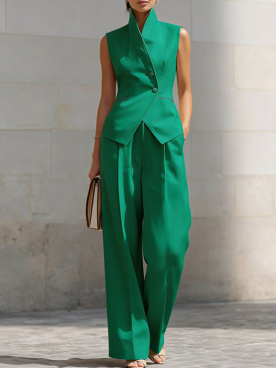 Women's Stand-up Collar Sleeveless Casual Loose Top And High-waisted Casual Loose Wide-leg Pants Cotton Set