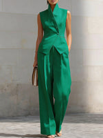 Women's Stand-up Collar Sleeveless Casual Loose Top And High-waisted Casual Loose Wide-leg Pants Cotton Set