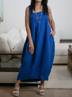 Women's New Spring Collection Square-neck Sleeveless Casual Loose Cotton And Linen Sundress.