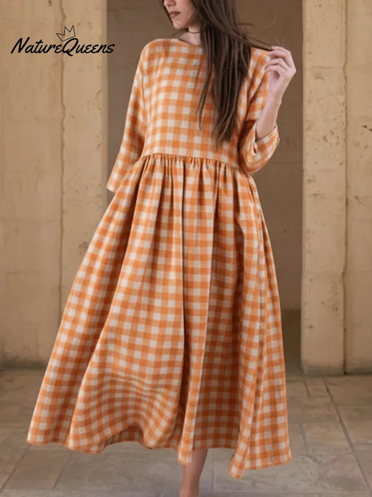 Vintage Plaid Print Button-up Loose Midi Dress