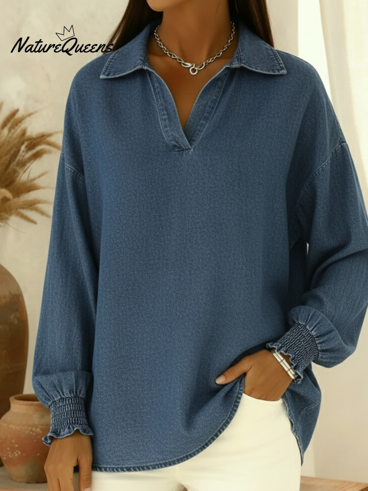 Casual Polo-neck Denim Pullover Shirt