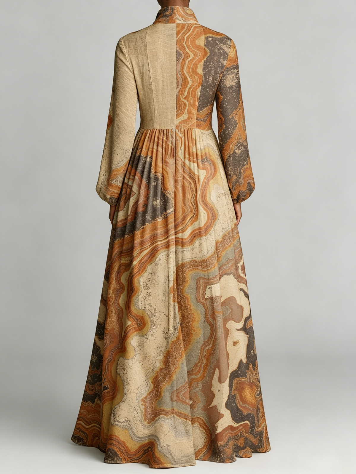 Classic Color-block Dress With Irregular Mountain Motif — Featuring A Turn-down Collar, Cinched Waist, And Flared Skirt