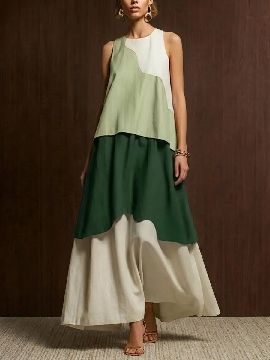 Vestido largo sin mangas con bloques de color, informal y elegante