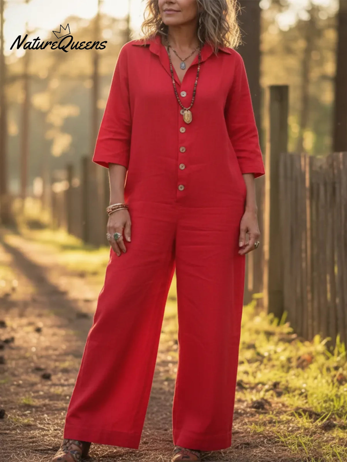 Women's Cozy Loose Collar Button-up Linen Jumpsuit