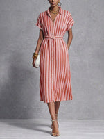 Women's Striped Print Lapel Short-sleeved Casual Loose Shirt Dress