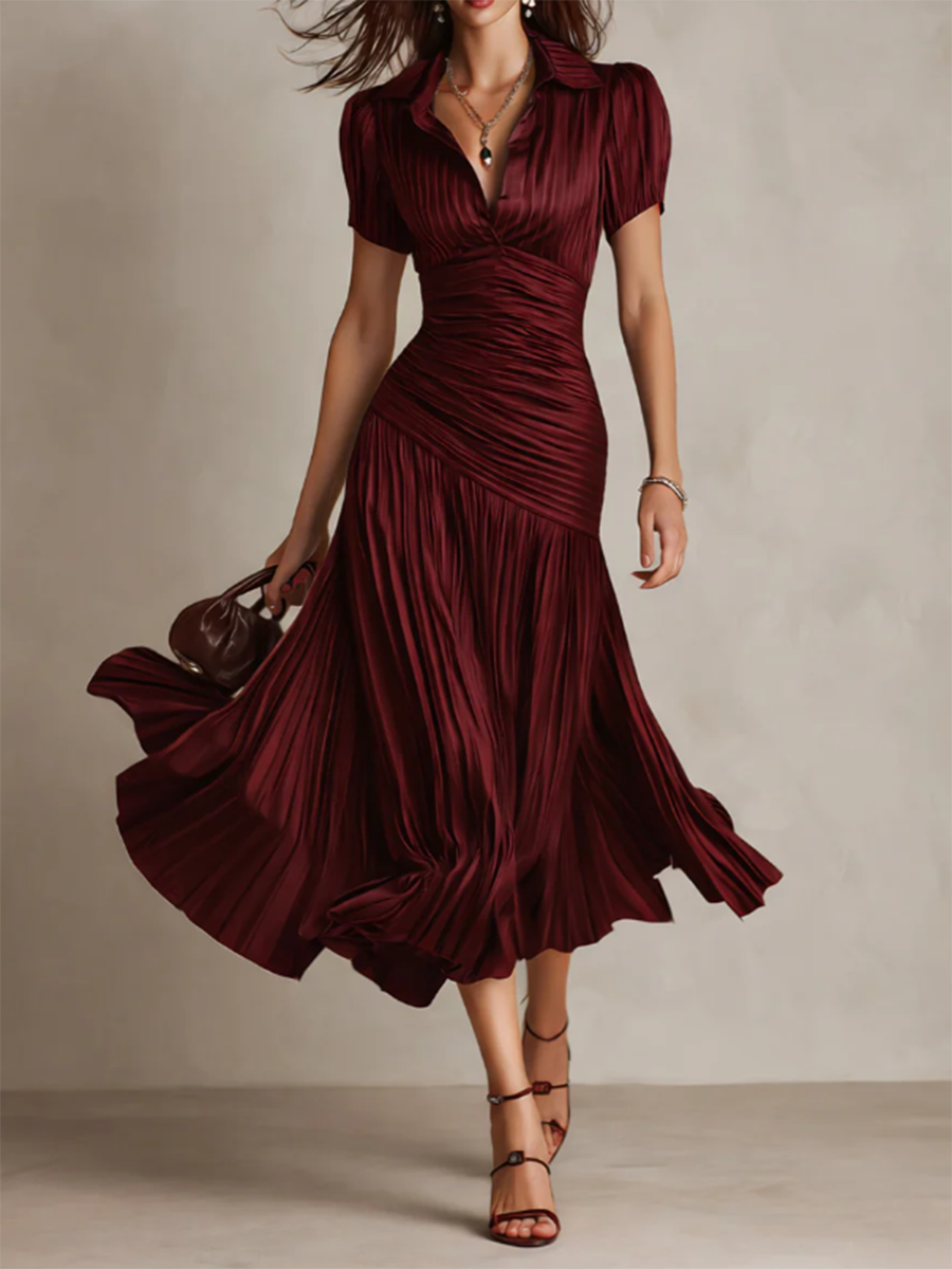 Elegant Draped & Pleated Striped Midi Dress