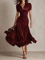 Elegant Draped & Pleated Striped Midi Dress
