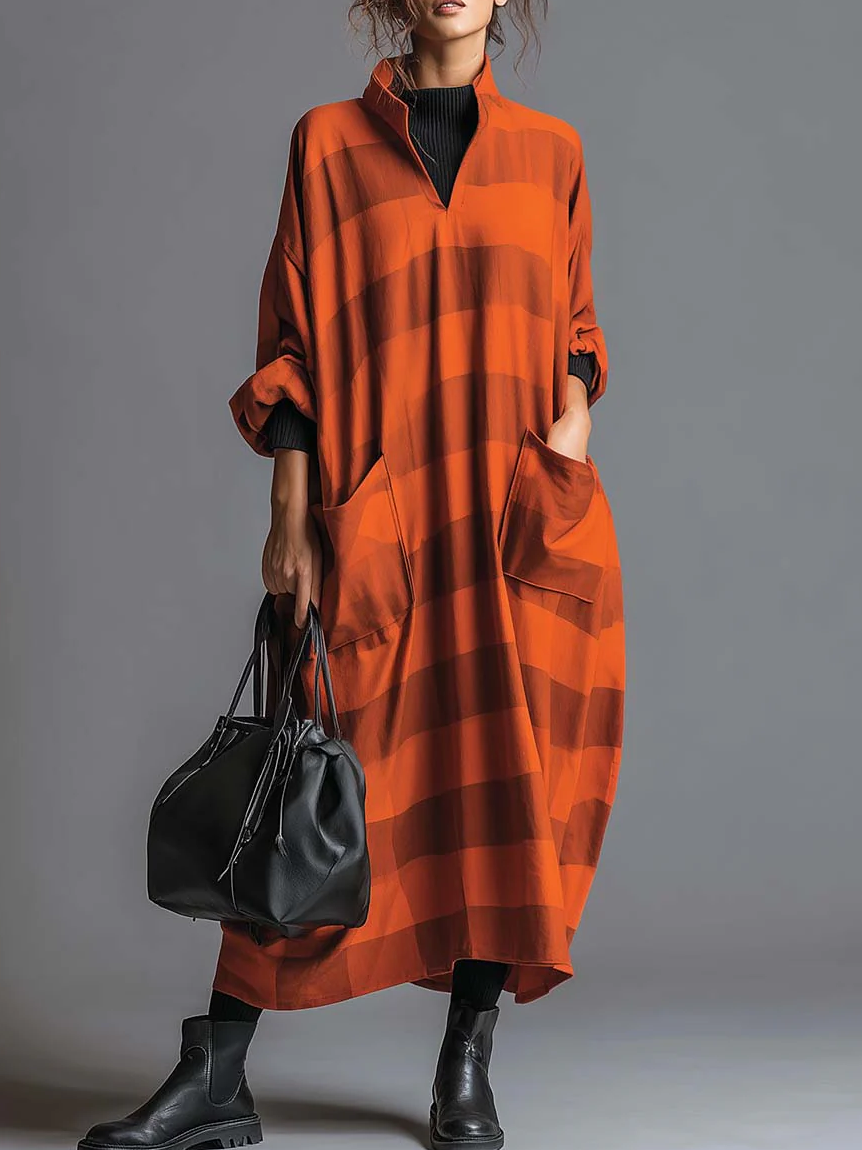 Cozy Plaid Print Loose-fitting Stand-collar Dress