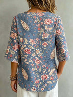 Women's Retro Floral Art Print Casual Short Sleeve Cotton Linen Shirt
