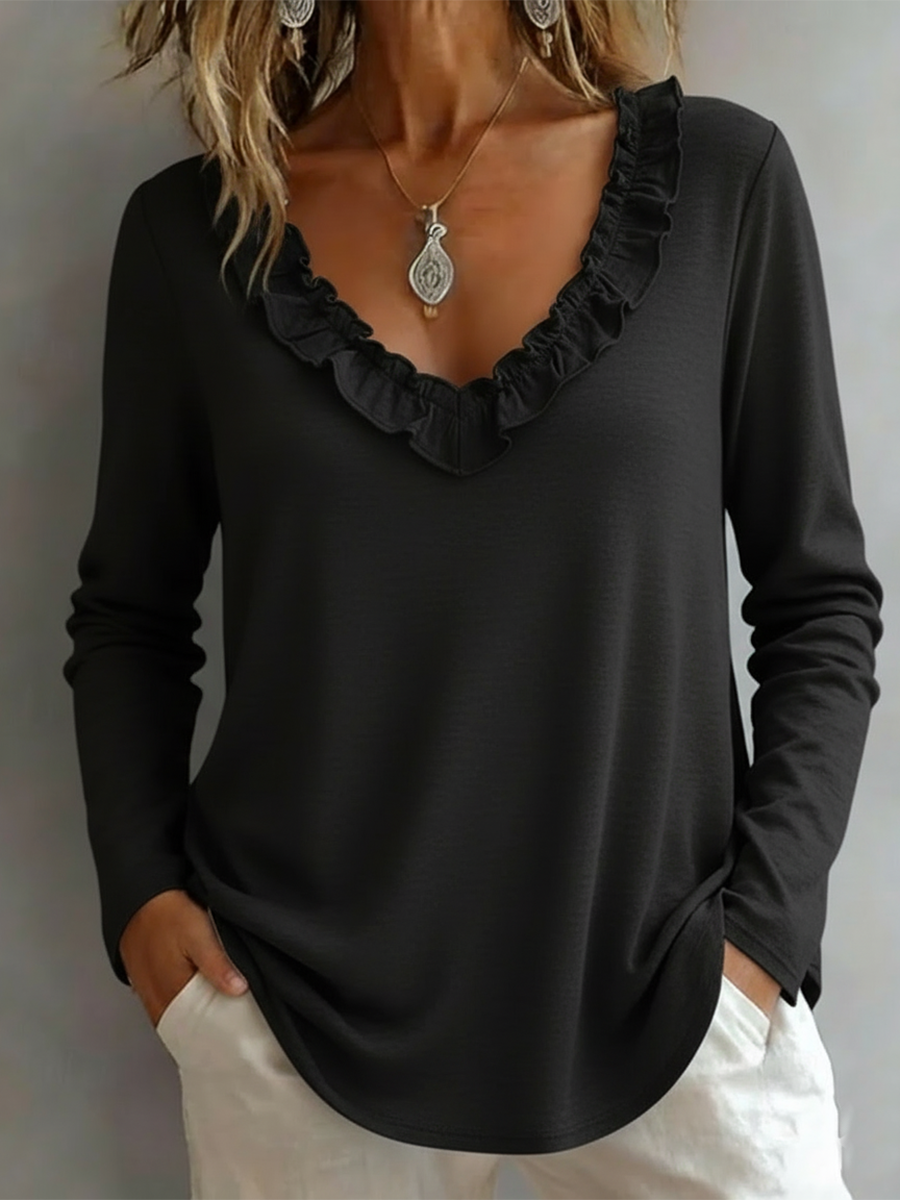 Cozy Ruffled V-neck Cotton Top