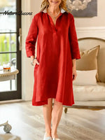 Women's Solid Color V-neck Three-quarter Sleeve Casual Loose Cotton And Linen Dress