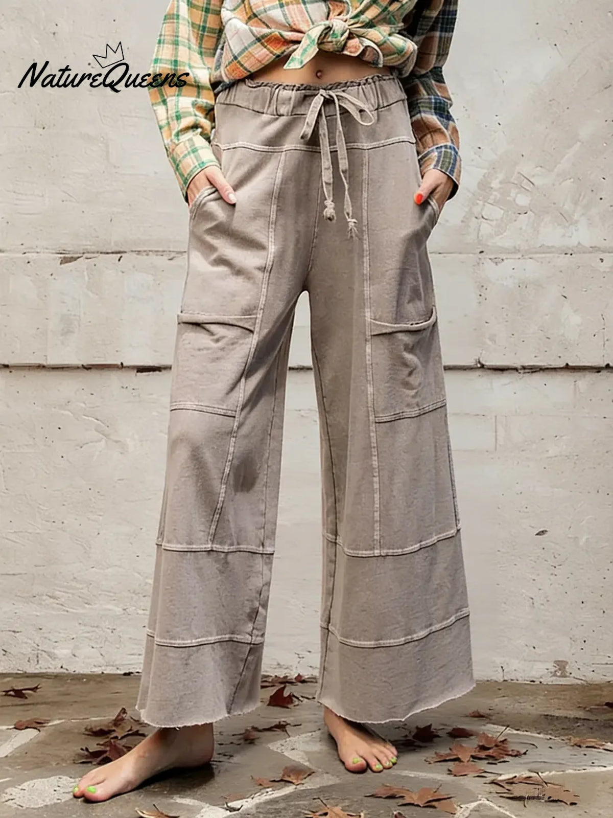 Women's Solid Color High-waisted Drawstring Wide-leg Pants Made Of Cotton And Linen Blend.
