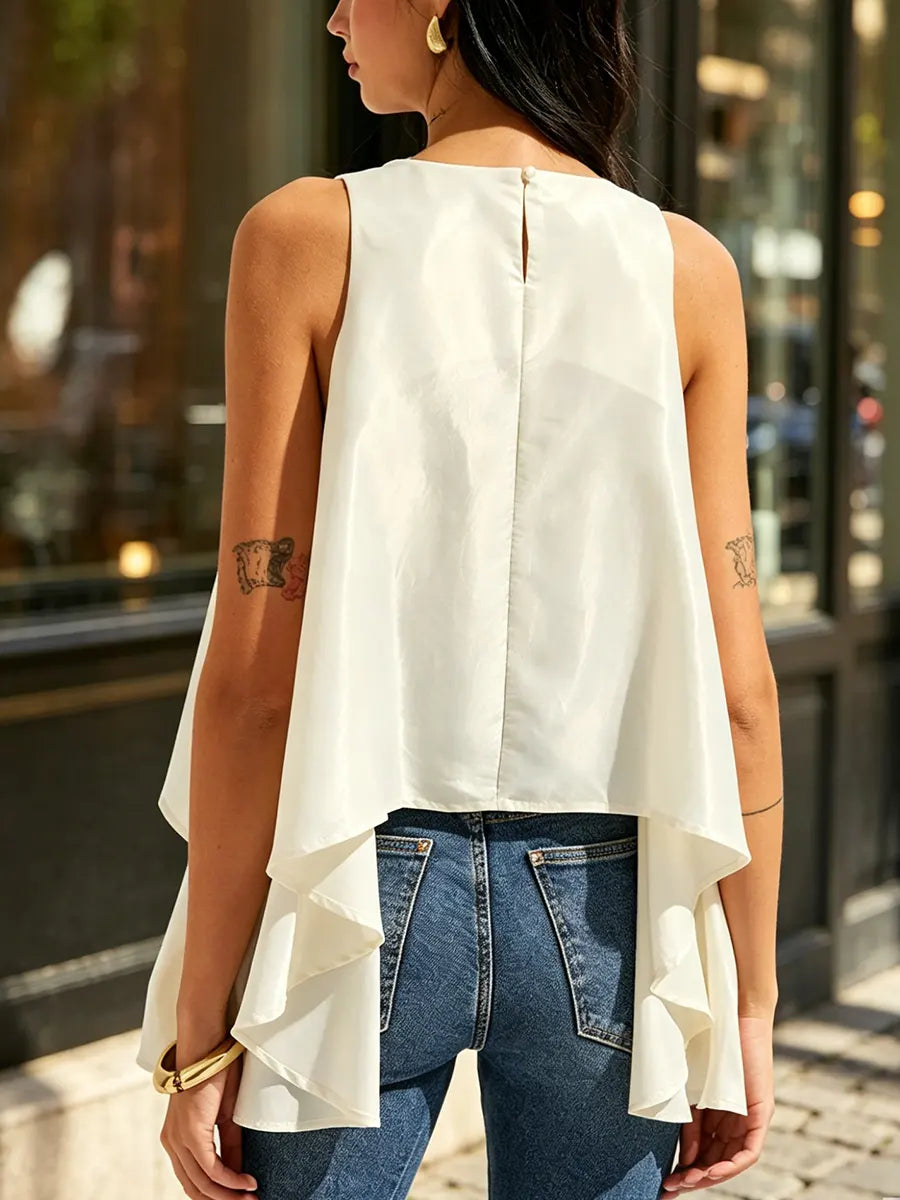 Sleeveless Flowy Asymmetric Ruffled Blouse