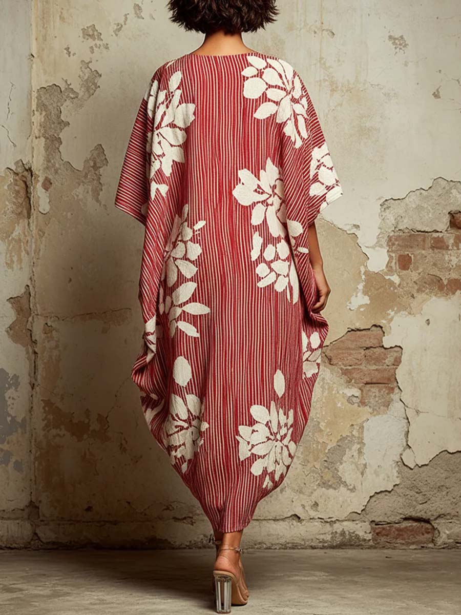 Women's Abstract Print V-neck 3/4-sleeve Casual Loose Cotton-linen Dress
