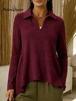 Women's Solid Color V-neck Long-sleeved Casual Loose-fitting Top With Irregular Hem.