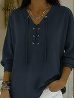 Casual Lace-up Cotton And Linen Shirt Top
